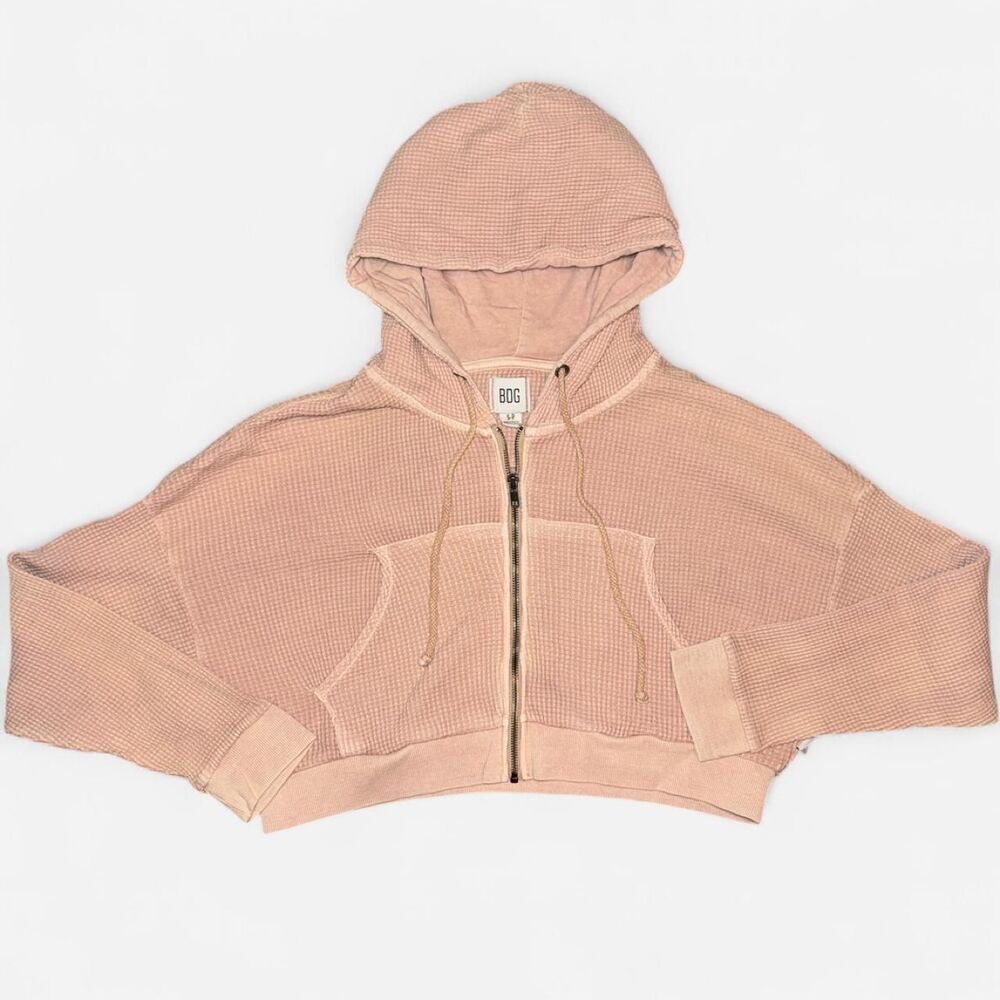 BDG Dusty Rose Cropped Waffle Zip Up Hoodie; Size Small